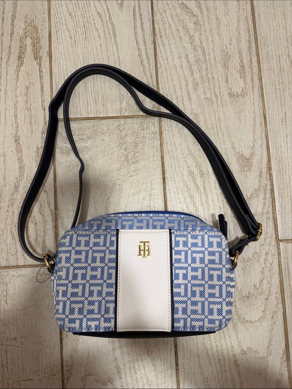 Tommy Hilfiger Blue and White Monogram Crossbody
